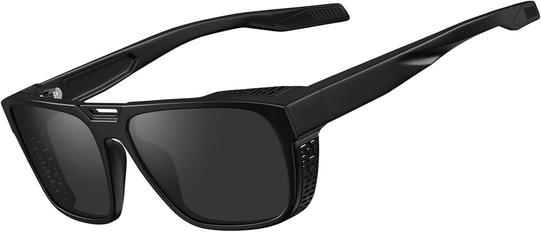 STGATN Mens Polarized Sports Sunglasses with Side Shield & Vent Square Frame UV Protection for Outdoor Activities (Black Frame Grey Lens)