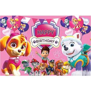 Paw Pups Patrol Birthday Backdrop - Girls Pink Tapestry Background Decoration Featuring Skye and Everest for A Puppy Party Themed Happy Birthday Party Photography Banner Back Drop V2