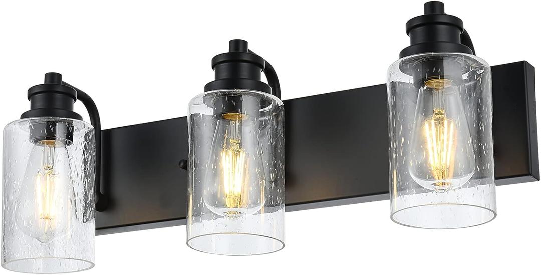 VINLUZ 3 Lights Black Vanity Light Fixtures Over Mirror with Seedy Glass Shade, Industrial Wall Mount Lamp Metal Bathroom Lighting