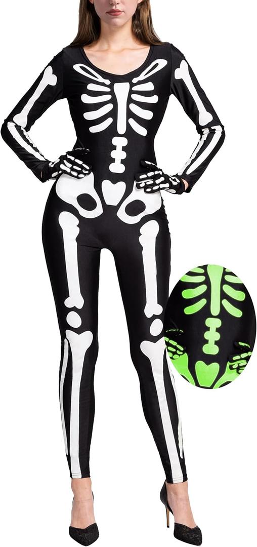Spooktacular Creations Adult Glow in the Dark Skeleton Costume Women, Skeleton Bodysuit Halloween Costumes for Women Adult (Medium)