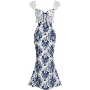 GORGLITTER Women's Lace Floral Tea Party Vintage Maxi Dress Summer Graduation Cocktail Wedding Guest Fishtail Sundress (Small, Blue and White Floral)