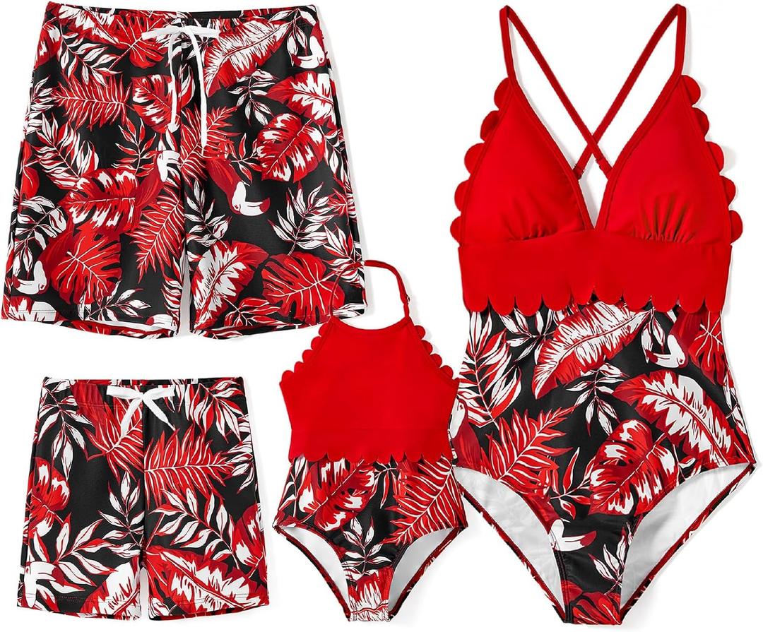 PATPAT Mommy and Me Matching Swimsuit One Piece Leaves Printed V Neck Bathing Suits Family Swimwear Matching Set (Large, Ruby Red)