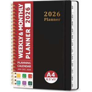 2026 Planner, Weekly and Monthly Planner, January 2026 - December 2026, Hardcover 2026 Calendar Planner Book with Tabs For Women & Men, Inner Pocket, Spiral Bound, Perfect for Office Home School Supplies - A4 (8.5" x 11"), Black