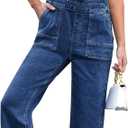 luvamia Jean Overalls for Women Straight Wide Leg Baggy Stretchy Denim Bib Adjustable Strap Casual Jumpsuit Loose Fit (Blue, M)