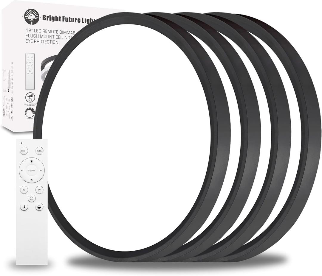 4Pack 12 Inch Remote Control Dimmable LED Flush Mount Ceiling Light Panel,24W 2520LM,2700K-6000K Adjustable Color,Ultra Thin Round Black Ceiling Light Fixture for Hallway Kitchen Bedroom Home Office