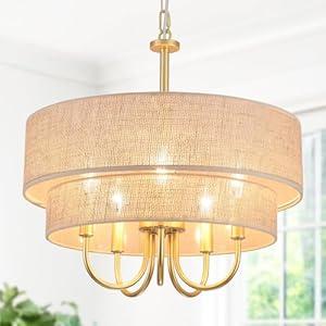 18'' Drum Chandelier for Dining Room Light Fixture 5-Light Modern Farmhouse Chandelier with Beige Linen Fabric Lampshade 2-Layer Large Drum Pendant Light Fixture for Kitchen Living Room Bedroom Gold