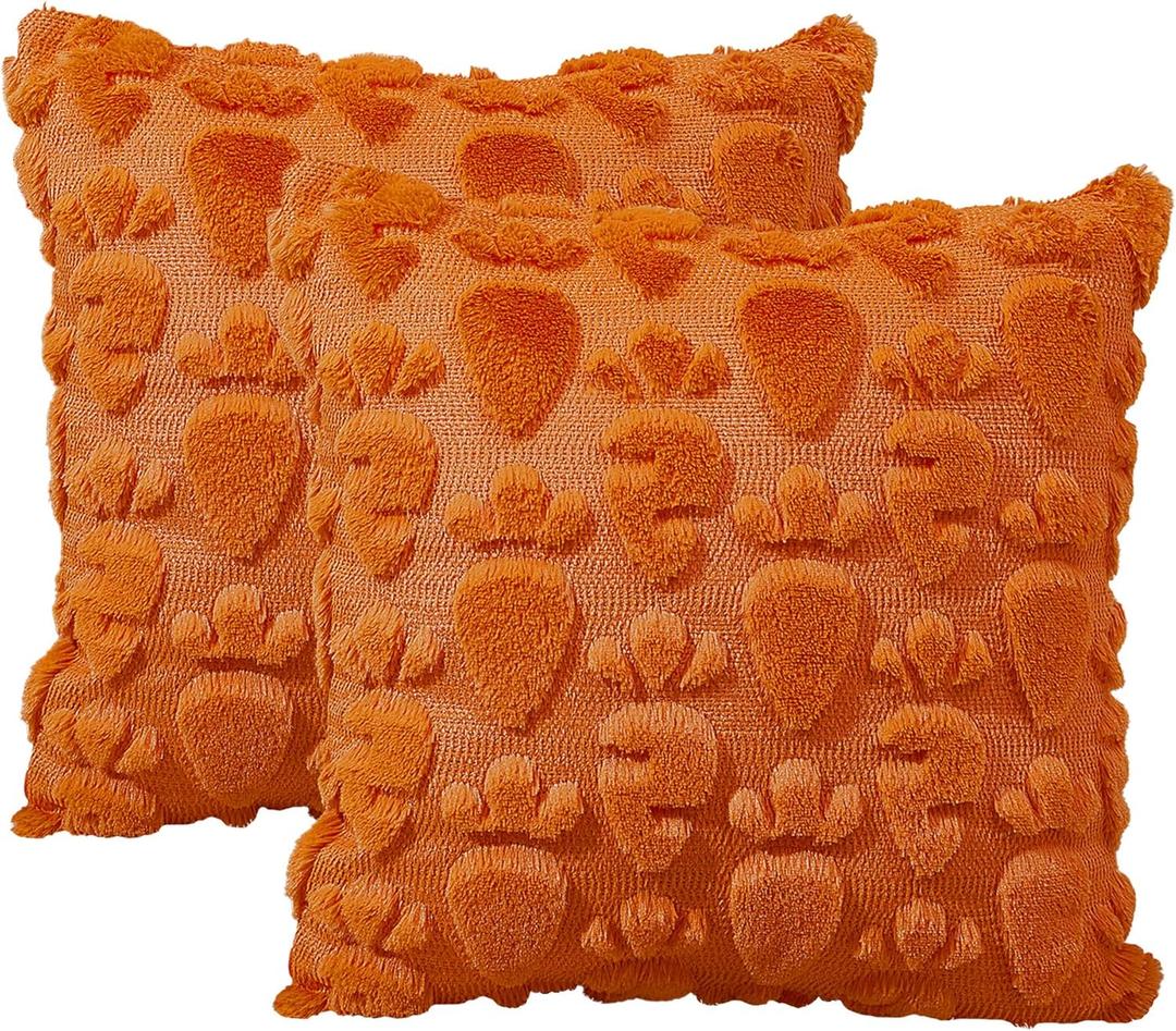 Easter Throw Pillow Covers 18x18 Set of 2, Easter Decorations, Soft Plush Faux Fur Jacquard Carrot Throw Pillow Covers for Bedroom Sofa Couch, Orange Pillow Cases, Home Decor