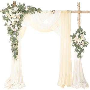 Deluxe White Artificial Wedding Arch Flowers with Drapes Kit-Pack of 5, 2pcs Flower Arrangements 3pcs Hanging Sheer Drapes White Ceremony Arbor Reception Backdrop Rose Floral Decorations