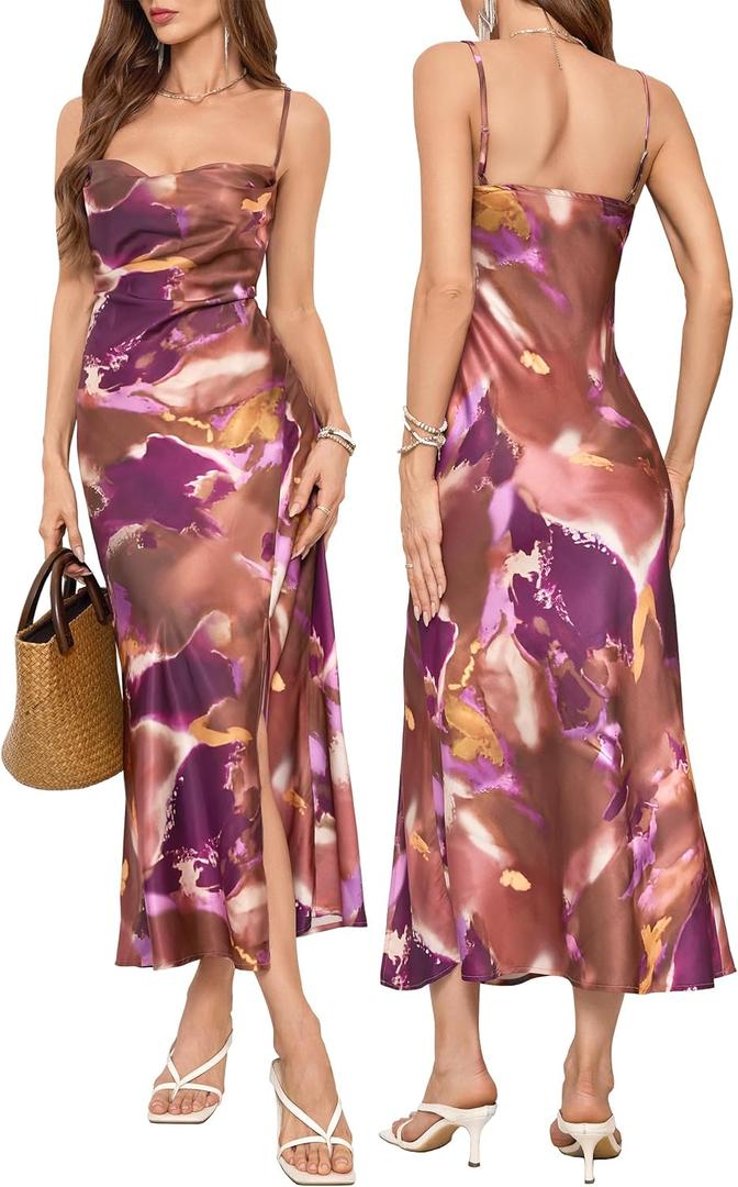 Wedding Guest Dress for Women Spaghetti Strap Satin Slip Cocktail Formal Midi Evening Party Dresses (Large, Brown Floral-1)