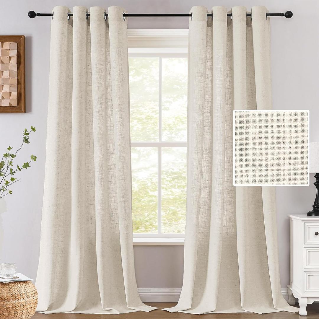 H.VERSAILTEX Linen Fabric Curtains for Living Room, 96 Inches Long, Light Filtering Privacy Drapes with Grommet, Farmhouse Textured Curtain 2 Panels Set, 52" W x 96" L, Ivory
