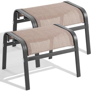 ONBRILL Outdoor Ottoman Set of 2, All Weather Outdoor Foot Stool with Supportive Textliene and Metal Frame, Stackable Oversized Outdoor Foot Rest for Furniture Patio Garden Pool, Brown