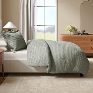 Great Bay Home 100% Natural Cotton Duvet Cover Set, Full/ Queen Size - Waffle Weave Eucalyptus Green Duvet Cover with Button Closure & 2 Pillow Shams - Boho Bedroom Decor