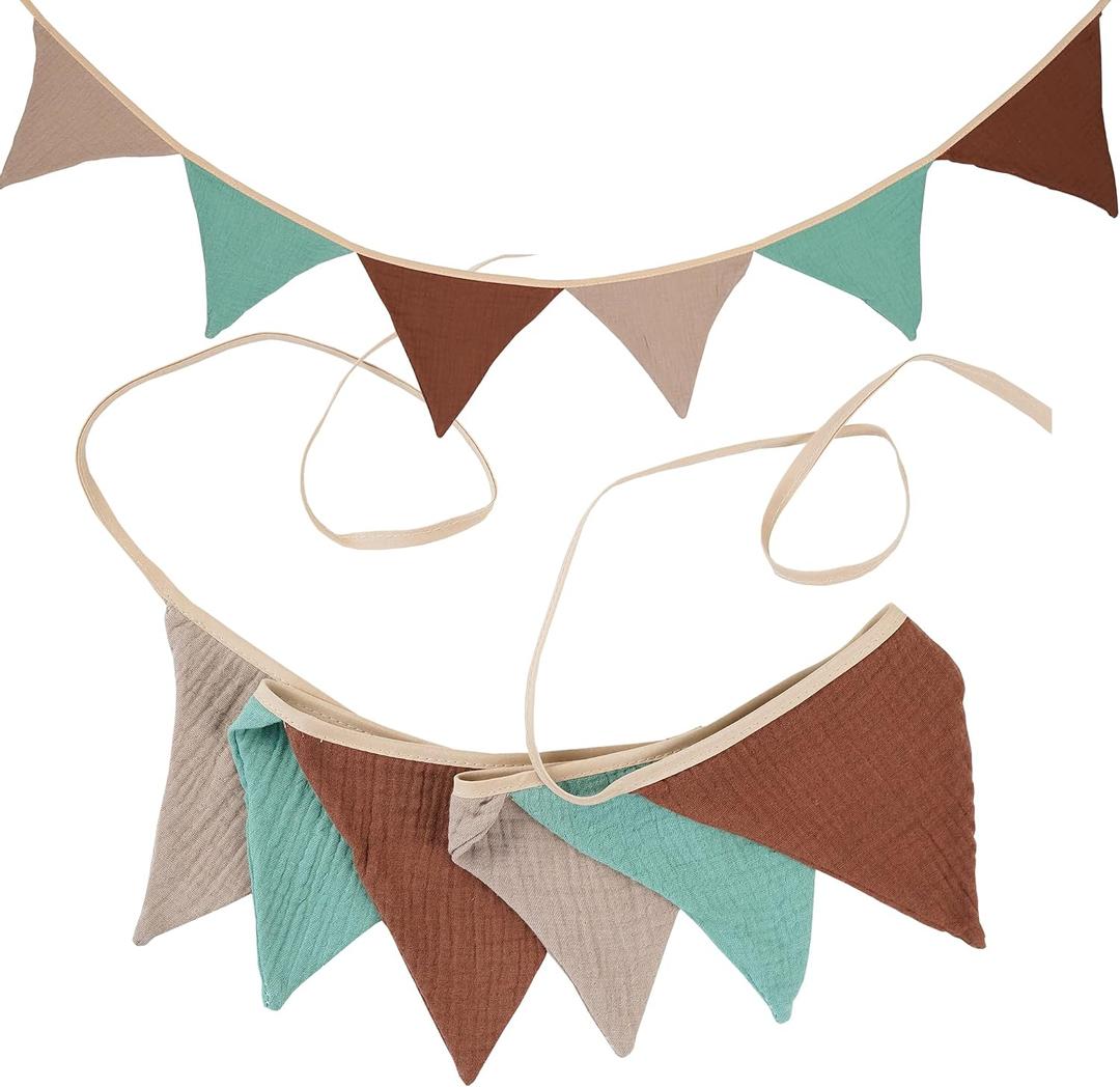 G2PLUS Muslin Fabric Bunting for Nursery: 6PCS Double Side Cloth Triangle Banner, Rust Beige Teal Cotton Bunting Banner for Baby Room, Nursery, Baby Shower Decor, 1.9m