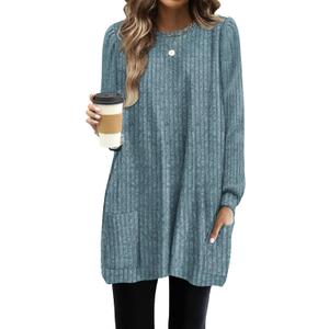 OFEEFAN Long Sleeve Shirts for Women Long Sweaters with Pockets Tunic Tops Loose Fit (XX-Large, B Blue)