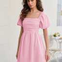 Women Puff Sleeve Graduation Short Dress Square Neck A Line Casual Sundress Beach Wedding Guest Mini Dress (Pink, S)