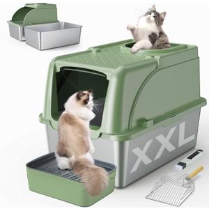 Stainless Steel Litter Box, XXL Large Metal Cat Litter Boxes, Dual Entrance Detachable Litter Box with Lid, 16.6'' High Wall Urine Leak Prevention with Cat Litter Scoop (Green)