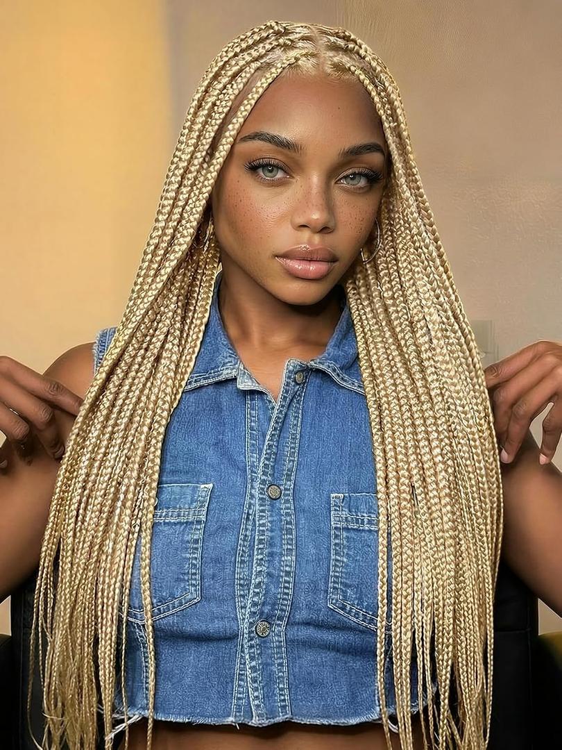 FANCEE Real Full Lace Braided Wig for Black Women Blonde 34 Inch Pre Plucked Knotless Squrare Part Box Braid Twist Locs Wig with Baby Hair