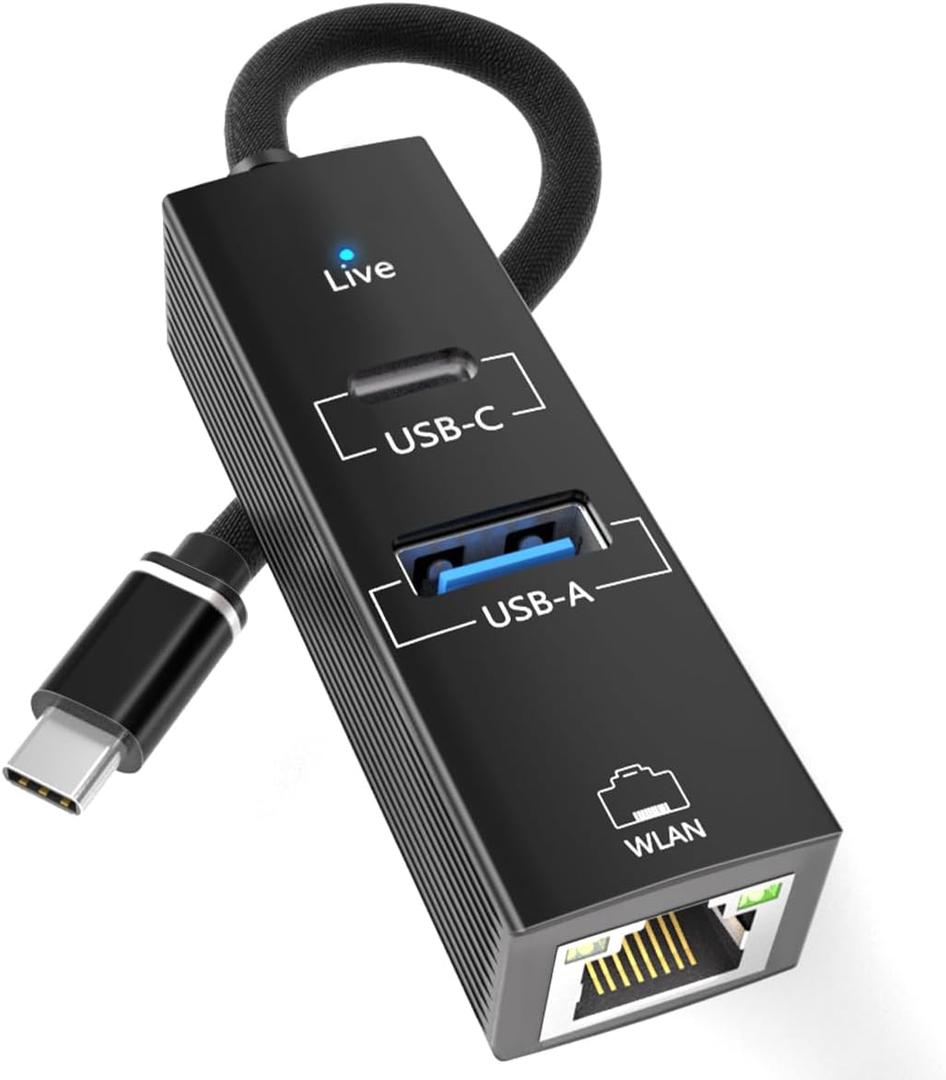 USB C to Ethernet Adapter, USB Type-C (Thunderbolt 3/4) to RJ45 LAN Dongle with 5Gbps USB-A 3.0/USB-C Data Port, Plug & Play Network Converter for MacBook,iPad,iPhone 17/16,Laptops, Headphones,Android