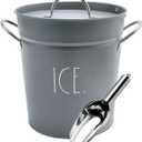Rae Dunn Ice Bucket with Scoop - Stainless Steel Bucket with Handle, Lid and Ice Scooper - 4 Qt. Storage Bin for Ice Cubes for Bars, Parties, Backyard Barbeques, Picnics, and Camping (Grey) (Gray)