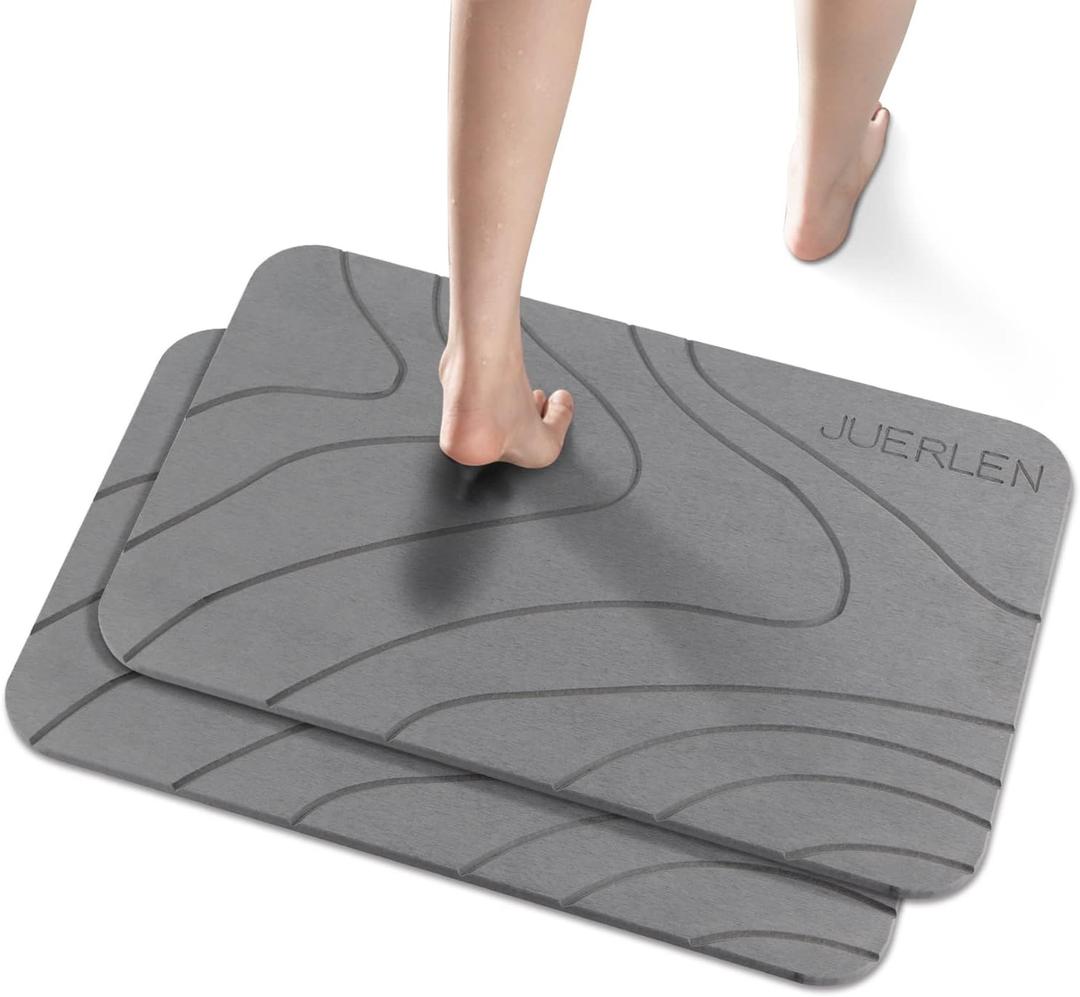 JUERLEN 2 Pack Diatomaceous Earth Shower Mat, Stone Bath Mat, Nonslip Super Absorbent Fast-Drying Hard Bath Mat for Bathroom Shower Floor, 24 x 16 inch, Grey Wave Design