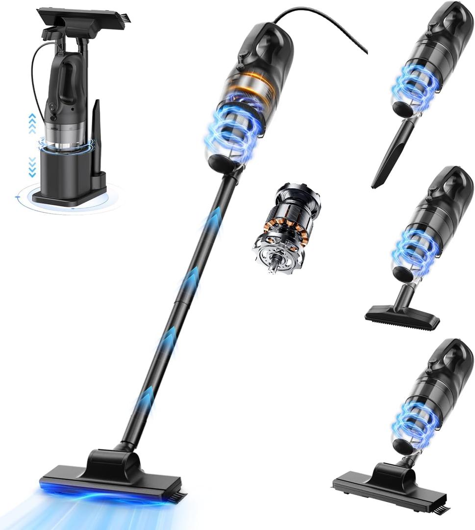 Corded Stick Vacuum Cleaner, 20Kpa Powerful Suction Stick Vacuum with 23Ft Cord, 6 in 1 Lightweight Vacuum Cleaner for Hard Floor Pet Hair, Black
