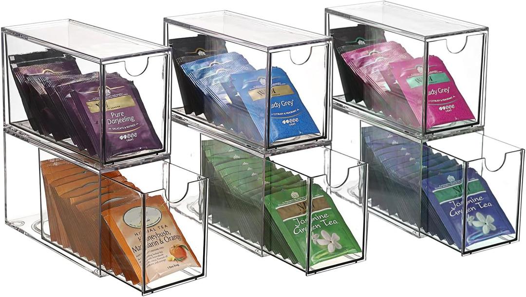 Transparent Tea Bag Storage Box, 6 PCS Large Bag with Lid, 6×2.3×3.3'' Single-Layer Thickened Drawer, Suitable for Cabinets, Kitchen
