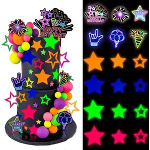 46 PCS Glow in the Dark Cake Toppers Lets Glow Theme Cake Decorations for Neon Birthday Engagement Wedding Party Decorations Supplies (01)