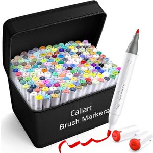 Caliart 180 Colors Alcohol Markers Brush Tip, Dual Tip Artists Coloring Markers Set Brush & Fine, Permanent Alcohol Based Colored Sketch Pens, Art Supplies Gifts for Adults Illustration Drawing