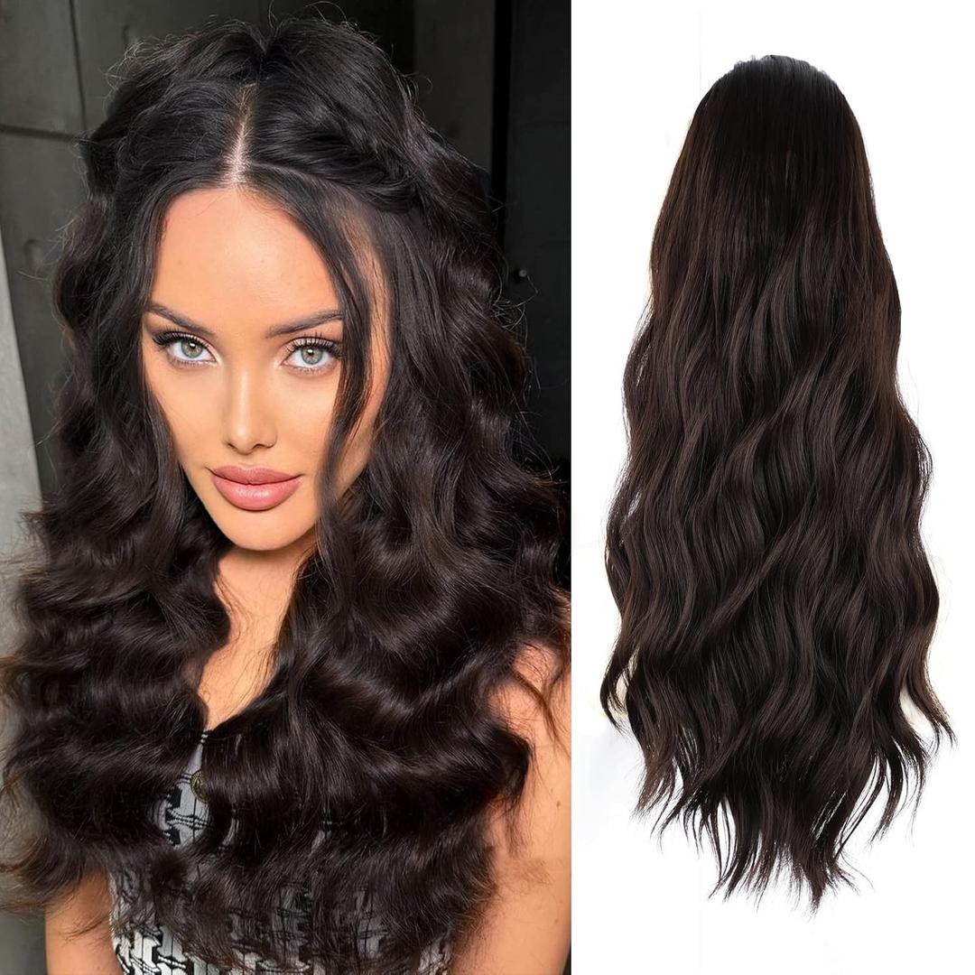 Ponytail Extension, Drawstring Ponytail Extensions 22 Inch Long Curly Wavy Pony Tail Hair Extensions Wavy Synthetic Hairpiece for Women Daily Use(22Inch, Dark Brown)