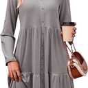 Dokotoo Fall Dresses for Women 2025 V Neck Button Up Long Sleeve Empire Waist Ruffle Tiered Mini Dress with Pockets (Large, Gray)