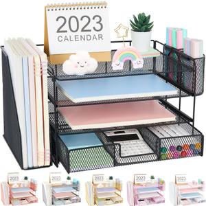 Desk Organizer and Accessories, 4-Tier Desktop File Organizer with Drawer and 2 Pen Holders, Office Desk Accessories for Office Supplies(Black)