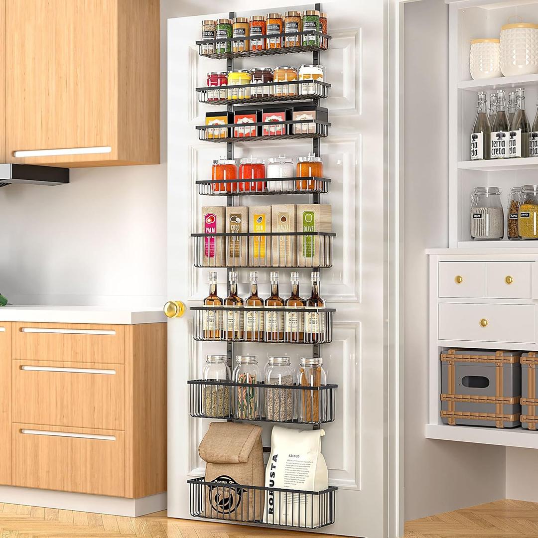 Moforoco Over The Door Pantry Organizer, Pantry Door Organizer Shelves, Kitchen Organizers and Storage, Hanging Basket Wall Spice Rack Seasoning Shelves, Laundry Room Bathroom accessoriesBlack (8-Tier)