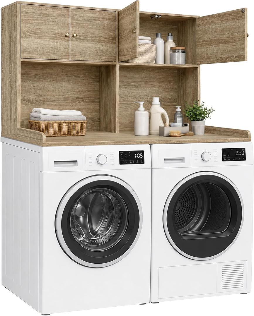 Washer Dryer Countertop with Cabinets, 2-Tier Laundry Countertop with Shelf, Dual
