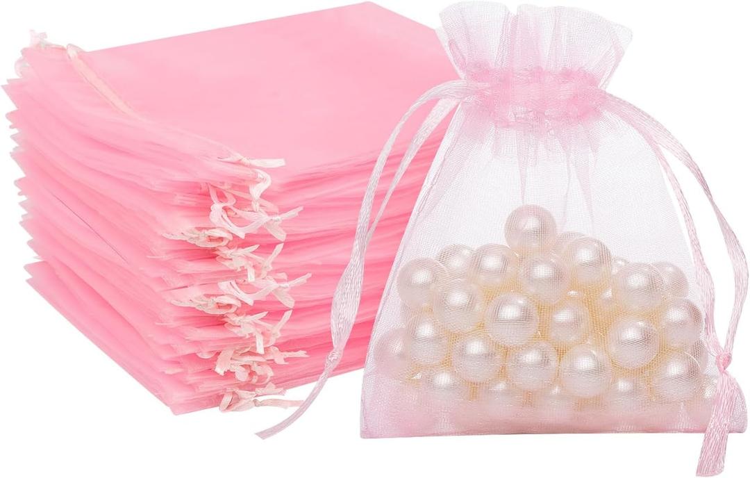 FUNFERY 100 Pcs Pink Organza Bags 3x4 in, Small Mesh Drawstring Gift Bags for Sachet, Jewelry, Candy, Wedding Favor, Easter Day