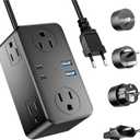 European Travel Plug Adapter, EU/UK/US Travel Plug Adapter Power Strip, 6 AC Outlets, 4 USB Ports (2 USB C), 3ft Wrapped Around Extension Cord, Compact for Travel, Black