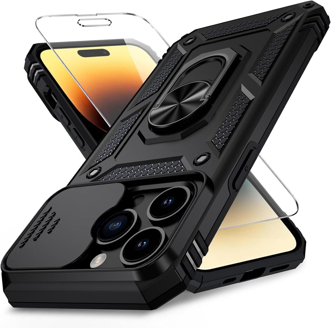 Vinve for iPhone 14 Pro Max Case with Slide Lens Cover HD Screen Protector, Military Grade Drop Protection, Magnetic Rotated Ring Holder Kickstand Protective Phone Case (Black)