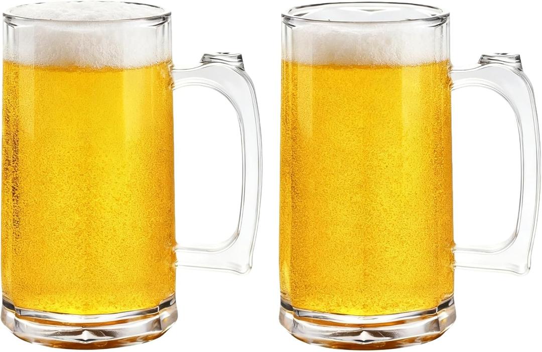 Rerii 18oz Plastic Beer Mugs with Handles Set of 2, Reusable Clear Beer Stein, Plastic Beer Glasses Drinking Cups for Home Hotel Bar Party Wedding & Costume