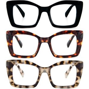 REAVEE 3 Pack Oversized Square Reading Glasses Oprah Style for Women, Blue Light Blocking Large Frame Computer Designer Fashion Readers with Spring Hinge (Black/Tortoise/Grey Tortoise,2.75)