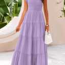 PRETTYGARDEN Women's Summer Flowy Maxi Dress Casual Cap Sleeve V Neck Smocked Beach Sundress (Purple, S)