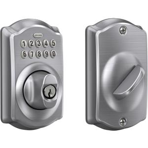 Schlage Camelot Electronic Keypad Deadbolt Lock, Keyless Front Door Entry, Mechanical Key Backup Included, Satin Chrome, BE365 CAM 626