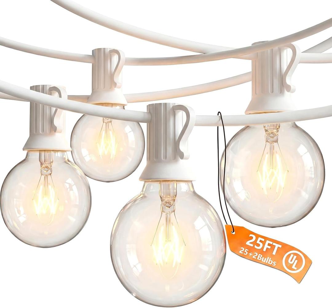 25FT G40 Outdoor String Lights with 27 Globe Clear Bulbs(2 Spare) Patio String Lights Outdoor Waterproof for Party Wedding Garden Commercial Decoration, 5 Watt Bulbs E12 Base- White Wire
