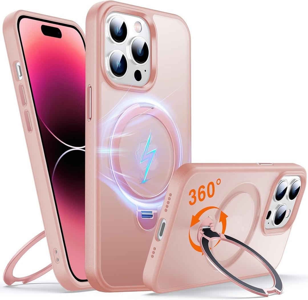 360 O-Ring MagStander for iPhone 13 Pro Max Case with Magnetic Kickstand Ring Holder [Compatible with MagSafe][360Rotate Stand][Military Shockproof] iPhone 13 Pro Max Phone Cover Pink