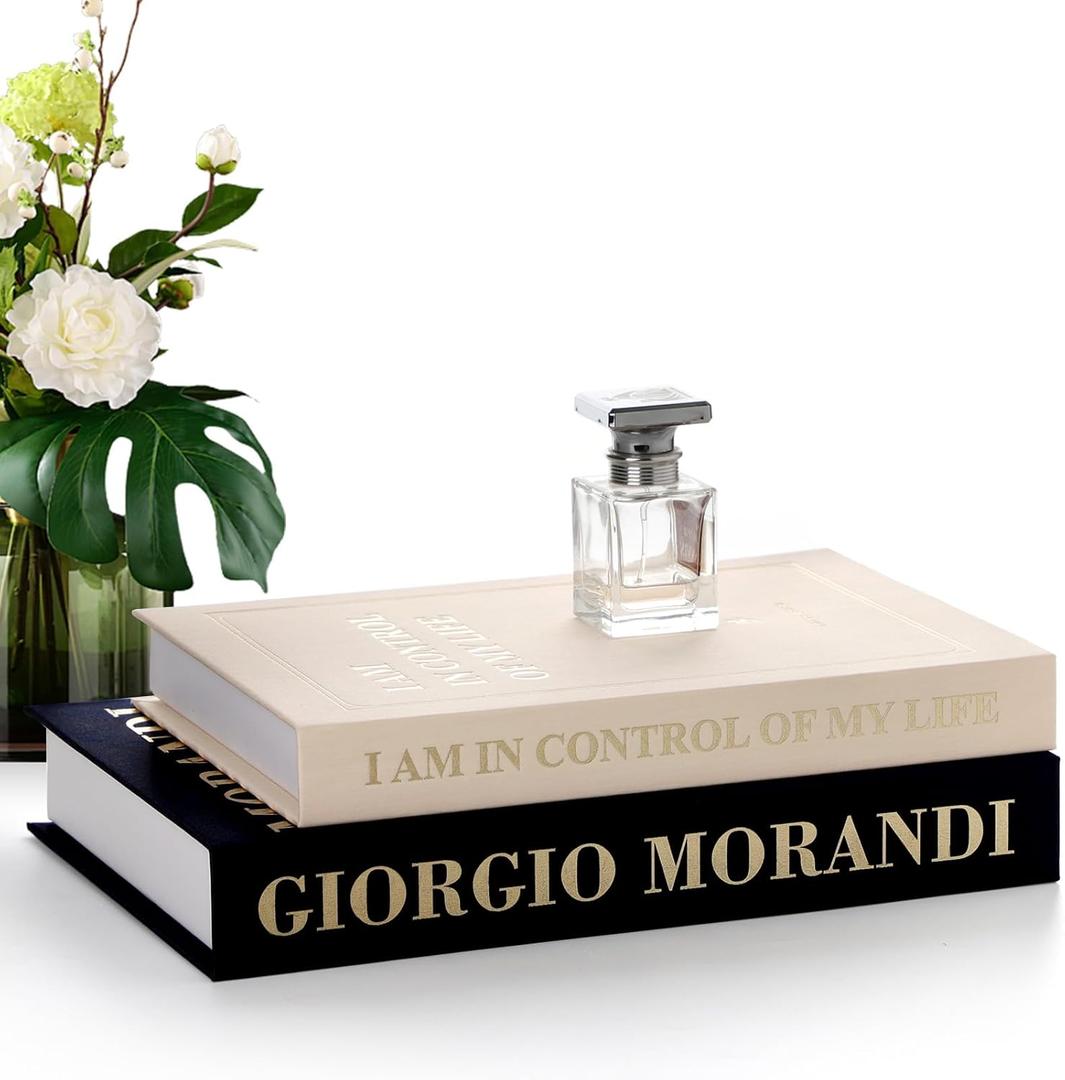 Decorative Books for Home Decor - Set of 2 Fake Books for Decoration, Faux Book Storage Box Enhance Your Coffee Table, Bookshelf & Mantel Shelf Decor, Linen Book Decor Aesthetic Set, Books Decor (Dark Blue - Beige)