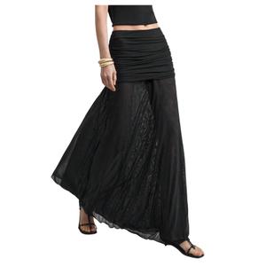 Verdusa Women's Maxi Skirts Ruched Mesh Sheer Long Skirt Ruffle Flowy Brunch Going Out Outfits, Large, Black
