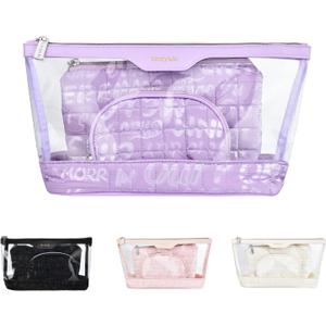 Hiroyuki Clear Makeup Bag Set, 3 Pack Transparent Toiletry Bags for Women (Purple)