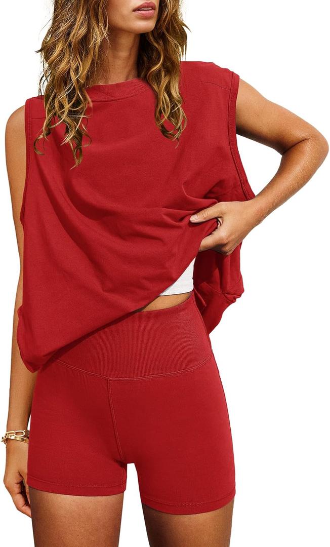 Nirovien Women 2 Piece Outfits Workout Sets Summer Matching Lounge Set Tunic Tops and Biker Short Sets (Large, Red)