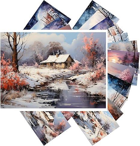 PIXILUV Vintage Postcards (24 pcs 4"x6" each) Gorgeous Serene Wintery Rivers and Cabins Vintage Postcards Retro Greeting Card Book Illustration Reprint
