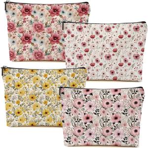 4 Packs Watercolor Pink Yellow Flowers Makeup Bag Floral Cosmetic Bag Friend Friendship Gifts for Women Girls Bestie Botanical Travel Organizer Zipper Pouch Christmas Thanksgiving Birthday Gifts (Multicolor 0180)