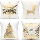 All Smiles White Gold Christmas Decorations Throw Pillow Covers 18X18 Set of 4 Winter Xmas Navidad Home Holiday Decor Velvet Cushion Cases for Sofa Tree Snowflake Reindeer