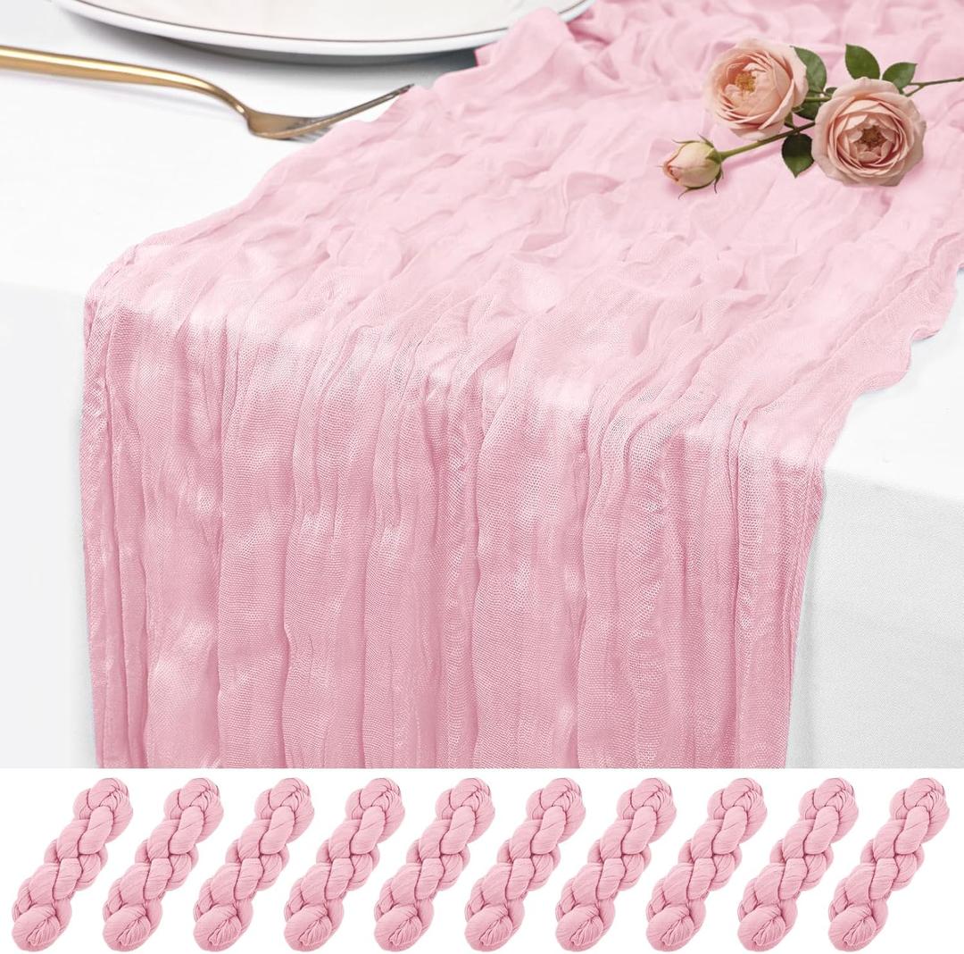 10 Pack Pink Cheesecloth Table Runner 17x108 Inch Semi Sheer Boho Rustic Gauze Cheese Cloth Table Runners for Wedding Party Birthday Baby Shower Home Dcor